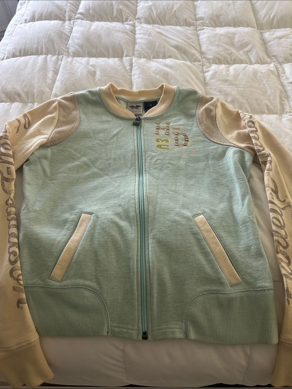Harley-Davidson Mint Green and Cream Zip-Up Sweatshirt